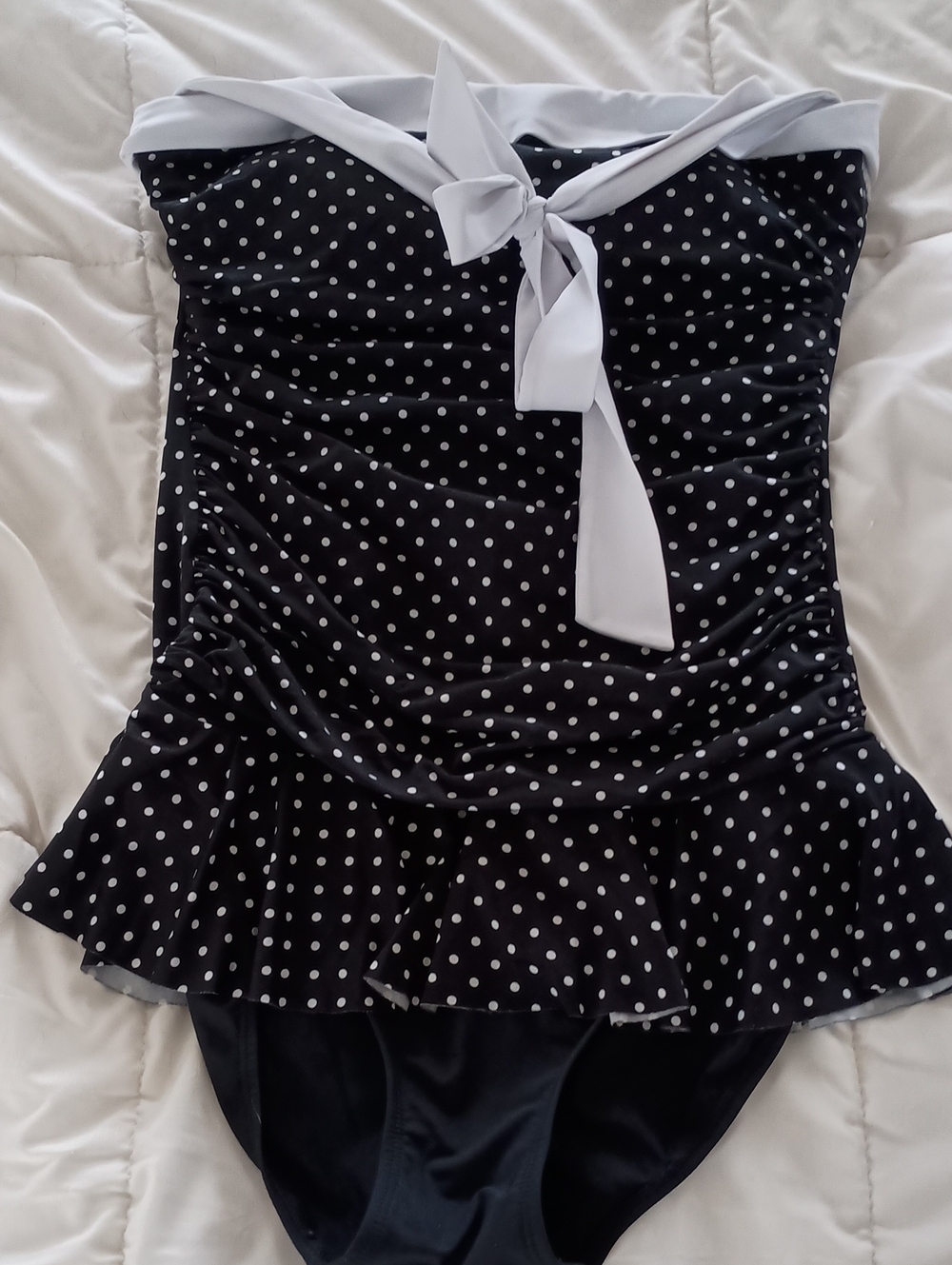 Ralph Lauren Gray and White Polka Dot Strapless Swimdress
